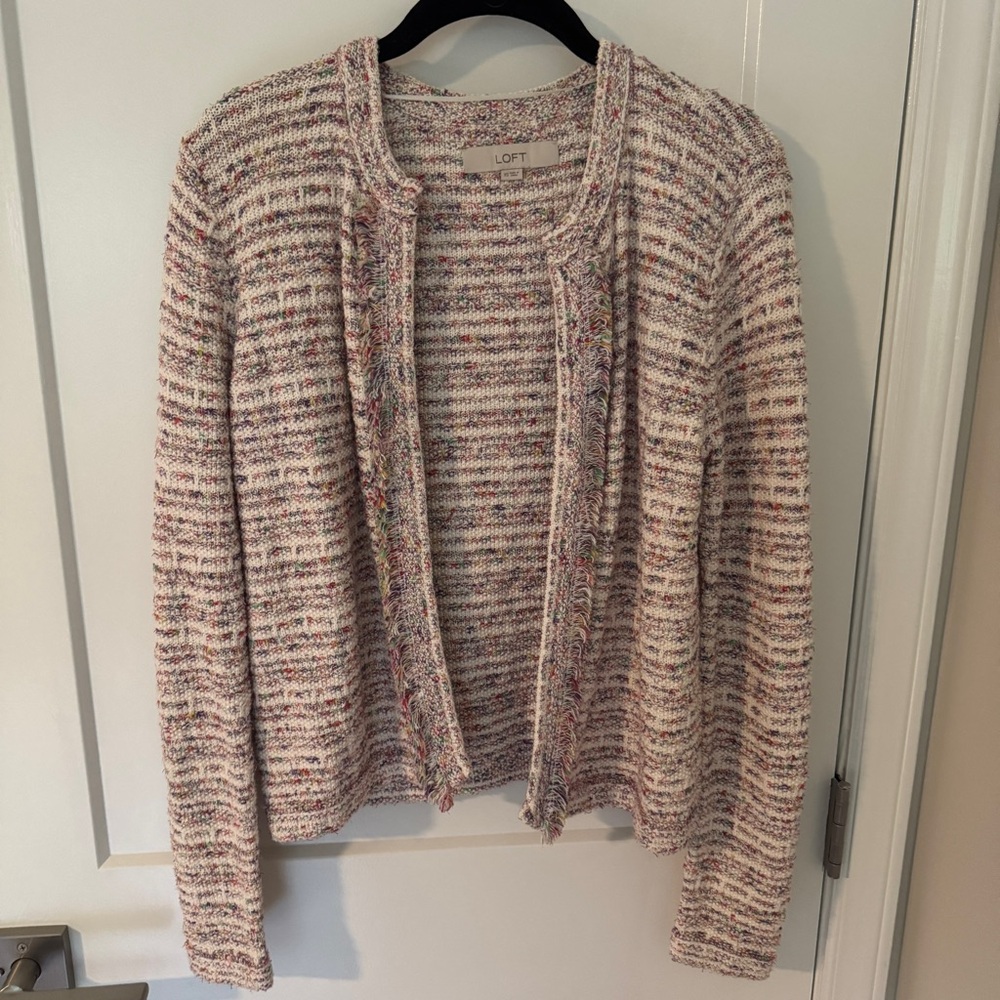 LOFT Cream Multicolor Tweed Cardigan Sweater